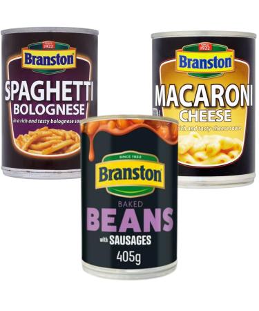 Quick Food Bundle With Branston Baked Beans with Sausages Tin 405g Macaroni Cheese Tin 395g and Spaghetti Bolognese Tin 395g (3 Pack)