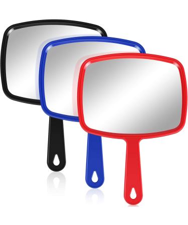 3 Pieces Hand Mirror Handheld Cosmetic Mirror with Handle, Makeup Hand Mirror Hairdressers Paddle Mirror Portable Vanity Mirror for Travel, Home and Salon Use (Red, Black, Blue, 9.17 x 6.53 Inch) Red, Black, Blue 9.17 x 6.53 Inch
