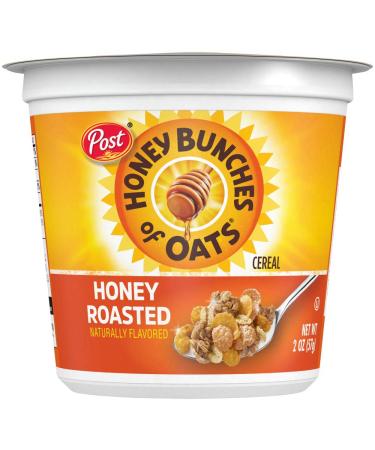Post Honey Bunches of Oats Honey Roasted Portable Cereal Cups To Go Whole Grain Low Fat Breakfast Cereal 2.1 Ounce (Pack of 12) Cups