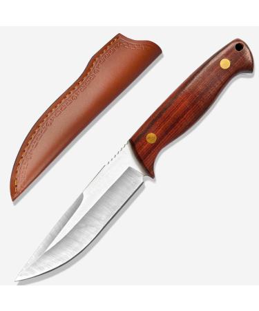 Coosnug D2 sharp survival knife with exquisite leather bag fixed blade survival knife ergonomics rosewood handle for outdoor camping (brown 01)