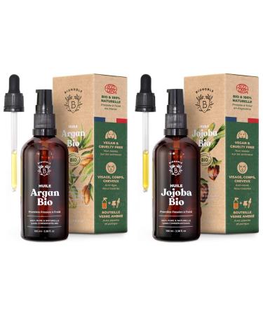 Bionoble jojoba oil organic 100ml & argan oil organic 100ml - 100% pure natural and cold -pressed - face body hair beard nails - vegan and cruethy free - argan oil - glass bottle + pump 100 ml (1 Pack) bundle with argan oil bio100ml