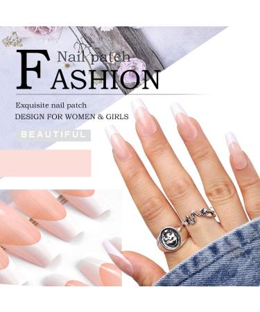 Aksod Long Coffin French Manicure Press on Nails Tips - Glossy Pink Fake Nails - 24Pcs Full Cover False Nails for Women and Girls - Buy Online on SooperMarket.com