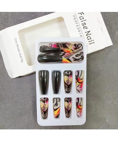 GORS Long Black Press on Nails - Colorful Coffin Fake Nails with Graffiti Note Designs | Full Cover False Nails for Women - Buy Online on SooperMarket.com