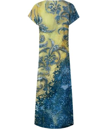 Women's Floral Maxi Dress - Blue Small, V Neck, Side Split, Short Sleeve Lounge Dress - Buy Online on SooperMarket.com