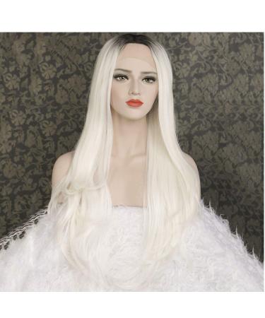 SHIYID Women s White Long Synthetic Lace Front Wig - Natural Straight Wig with Dark Roots & Middle Parting - Buy Online on SooperMarket.com
