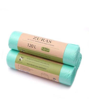 Zuras 120 liter 70x110 cm organic waste bag 30 pcs. Compostable biodegradable garbage bags on a vegetable basis DIN EN 13432 certified and tested tear -resistant and waterproof 120l