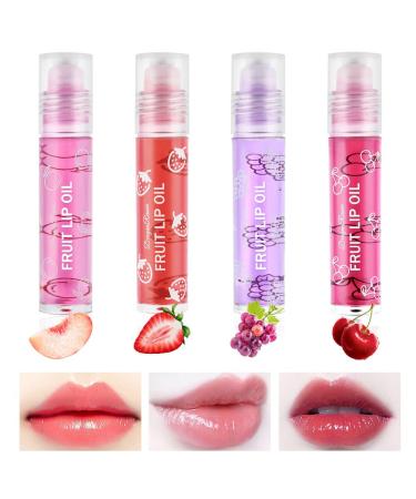 AOOWU 4 Pcs Hydrating Lip Oil Set Fruit-Flavored Plumping Lip Oil For Dry Lip Long Lasting Lip Glow Balm Lip Care Transparent Moisturizing No-Sticky Lip Gloss(Peaches Strawberry Grape Cherry)