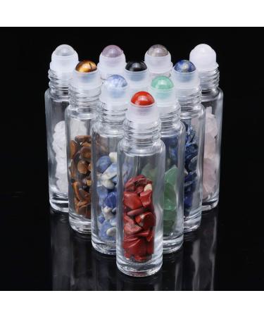 10 Pack 10ml Gemstone Roller Bottles with Healing Crystal Chips - Clear Glass Roll on Bottle for Essential Oils - Silver Lid - Natural Crystal Stones Roller Balls - Buy Online on SooperMarket.com