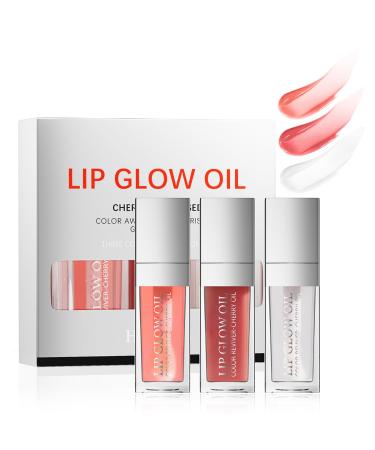 3 Colors Hydrating Lip Glow Oil Plumping Lip Gloss Tinted Lip Oil Glossy Lip Gloss Long Lasting Moisturizing Lip Care Awakening Lip Makeup Set(Set B)