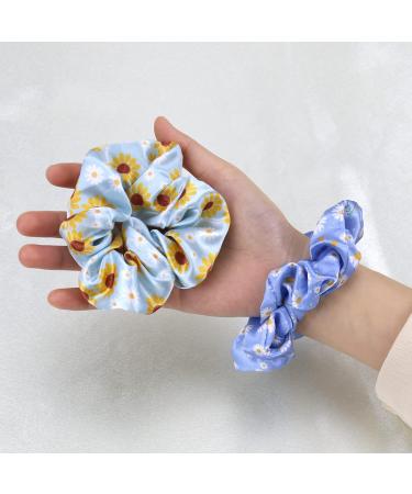 Daisy Flower Blue Hair Scrunchies 2PCS - Women's Silk Hair Accessories & Ponytail Holder Bracelet - Buy Online on SooperMarket.com