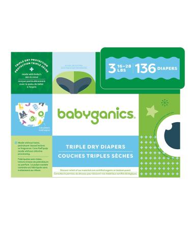 Babyganics Size 3, 136 count, Absorbent, Breathable, Triple Dry Protection Diapers Diapers Size 3 (136 Count)