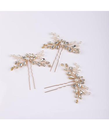 YERTTER 3pcs Gold Crystal Wedding Hair Pins Set - Rhinestone Clip for Bride, Bridesmaid, Flower Girl - Perfect for Updo, Bun, Prom, Party - Buy Online on SooperMarket.com