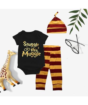 Baby Boys Girls Snuggle This Muggle Bodysuit Set 6-9 Months | Black Short Sleeve Outfit with Striped Pants & Hat - Buy Online on SooperMarket.com