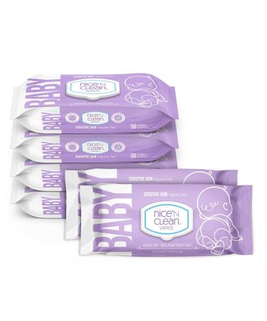 Nice 'n CLEAN Skin Care Baby Wipes Unscented 56ct (6-Pack) | Ideal for Sensitive Skin | Hypoallergenic Plastic-Free Plant-Based Wet Wipes 56 Count (Pack of 6)