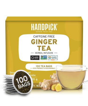 HANDPICK Ginger Tea Bags (100 Count) Non-GMO Pure Ingredients - Soothing & Spicy Blend | Round Eco-conscious Tea Bags | Herbal Tea Bags Ginger Tea 100 Count (Pack of 1)