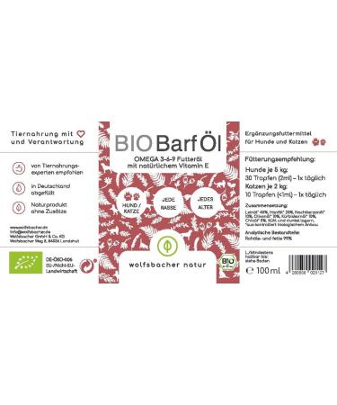 Organic BARF Feed Oil for Dogs & Cats | 100ml Cold Pressed Hemp Linseed Evening Primrose Chia Pumpkin Seed & Olive Oil | Vitamin E Rich | Organic from Germany | De- ko-060 - Buy Online on SooperMarket.com