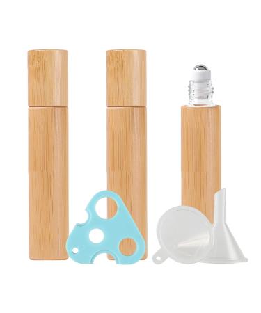 Zeoabsy 3 piece of empty 10 ml clear glass bottles with bamboo bowl nature bamboo roll-on glass bottles with stainless steel scooters 1 x funnel 1 x opener for essential essential oil aromatherapy 10ml