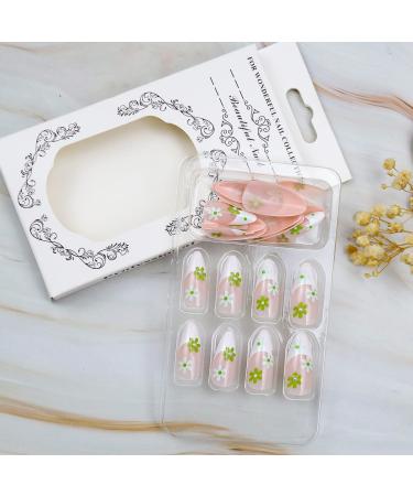 24PCS Medium Almond Glossy Flower Press On Nails - Green & White Spring Nail Decoration - Fake Nails with Glue - Women's Manicure - Buy Online on SooperMarket.com