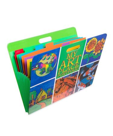 HearthSong Art Place Portfolio with Handles-8 Expandable Color Coded Accordion Files for Organizing Children's Artwork-19 H x 15.25 W, Green Collage