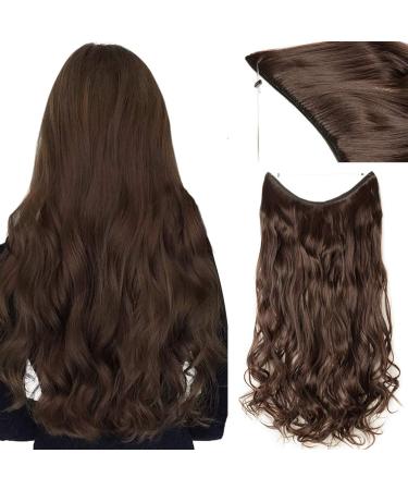 Invisible Secret Hidden Wire in Hair Extensions 20 Inches Long Wavy Curly Synthetic No Clip in Hairpieces Miracle Translucent Fish Line Medium Brown