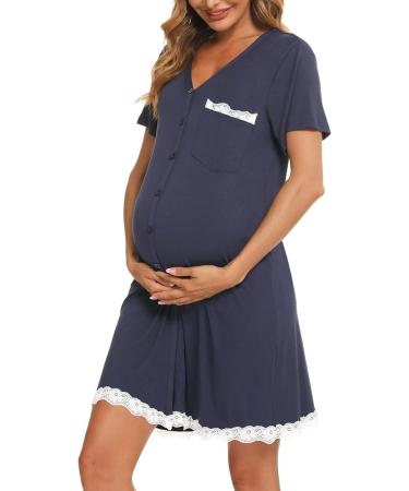 Uniexcosm Maternity Nursing Nightdress - Short Sleeve Button Down Nightgown in Dark Blue Stripe | Soft and Comfortable Maternity Pyjamas and Nightshirt for Women - Buy Online on SooperMarket.com