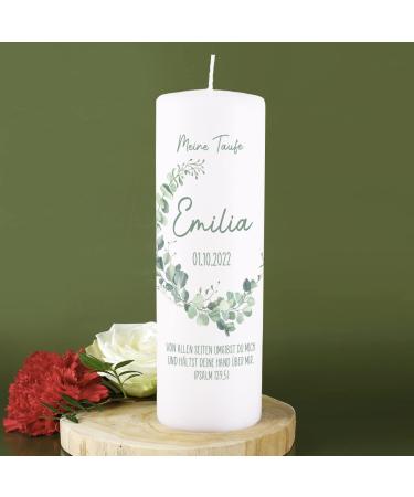 Buy Striefchen Personalized Baptism Candle - 25cm High with Eucalyptus Motifs | International Shipping Available - Buy Online on SooperMarket.com