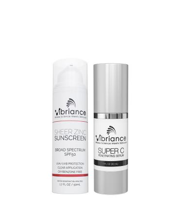 Vibriance Simple Skincare Essentials Bundle | Super C Vitamin C Serum & Sheer Zinc SPF 50 Sunscreen Skincare Set | Nourish Protect and Illuminate