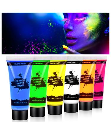 AOOWU Ultraviolet Glow Face Body Paint Set 6 Colors UV Blacklight Neon Fluorescent Face Paint Non Toxic Face Painting Club Makeup Art Paint Kit for Adults Kids Party Carnival