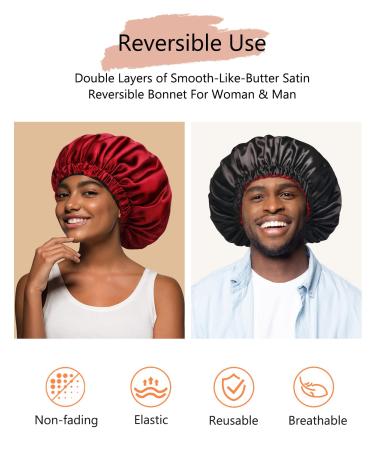 Mikimini Black Satin Bonnet for Curly Hair | Silk Sleep Cap for Women and Men | Reversible Double Layer X-Large Night Cap | Soft Stretchy Hair Care Bonnet (Black+Red) - Buy Online on SooperMarket.com