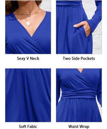 OUGES Women's Spring Casual Midi Dress | Long Sleeve V-Neck Floral Wrap Dress with Pockets | Blue - Buy Online on SooperMarket.com