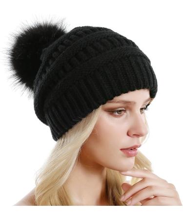 QUEENFUR Women's Slouchy Beanie with Faux Fur Pompom - Black | Winter Ski Cap - Buy Online on SooperMarket.com