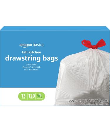 Amazon Basics Flextra Tall Kitchen Drawstring Trash Bags, Fresh Scent, 13 Gallon, 120 Count 120 Count (Pack of 1)