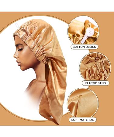 Extra Long Satin Bonnet for Women - 2 Pcs Braid & Curly Hair Bonnets - Soft Silk - Black/Golden - Buy Online on SooperMarket.com