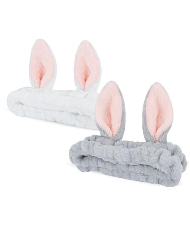 YISSION 2PCS Bunny Ears Spa Headband No Slip Head Band for Face Wash Makeup Skincare Facial Headband Elastic Hair Band Carol Fleece Headbands for Women Girls (White Gray) White  Grey