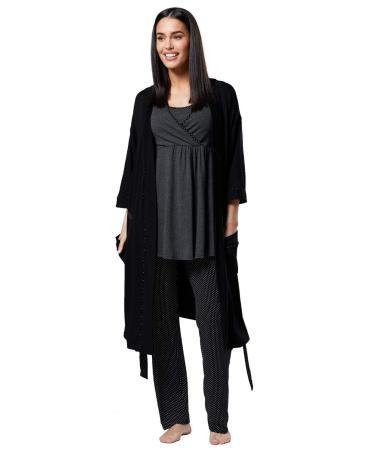 HAPPY MAMA Women's Maternity Nursing 3pcs Nightwear Set: Pants - Top - Robe 558p 10 Graphite Melange & Black With Dots
