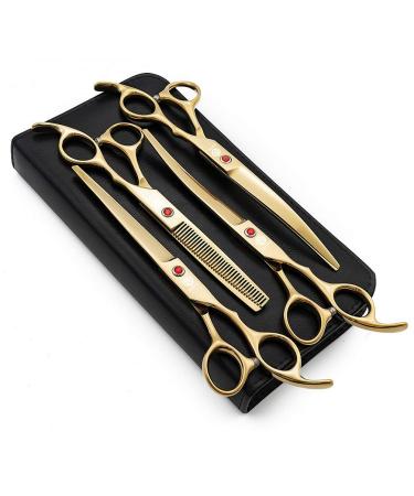 Purple Dragon Professional 7.0 inch 4PCs PET Grooming Scissors Kit Japan Premium-Stahll straight & curved & thinning blade dog hair cutting scissors set with case (golden)