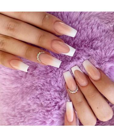 RikView French Tip Press on Nails Long Fake Nails White Nails for Women Coffin Acrylic Nails with Rhinestones