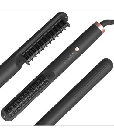 ANGENIL Travel Hair Straightener Brush with Negative Ions Nano Ceramic Titanium Comb 4 Adjustable Heat Settings for Natural Black Hair Beard Wig Frizz-Free Silky Hair Dual Voltage Auto Shut-off