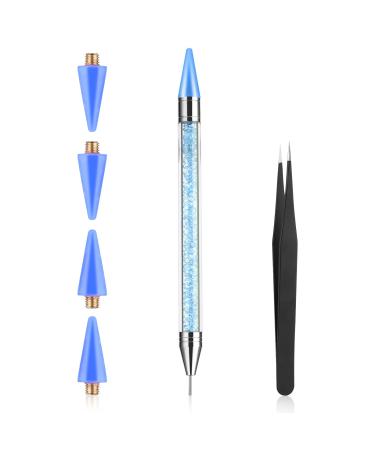Prasacco Rhinestone Picker Tool Rhinestones Applicator Tools Rhinestone Picker Dotting Wax Pen Nail Art Tool with 4 Blue Replaceable Wax Head and 1 Tweezer for DIY Nail Art Tool