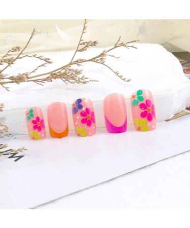 Spring Flower Press on Nails - Medium Square Glossy Fake Nails with Colorful Daisy Pattern - 24Pcs Full Cover Stick on Nails for Nail Art Decorations - Buy Online on SooperMarket.com