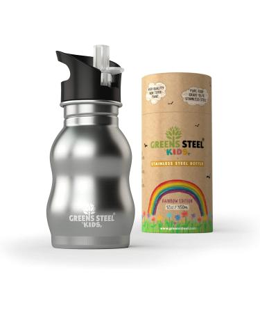 Kids Water Bottle with Straw & Handle  12 oz Silver- Eco Friendly Toddler Cups with Straws - Easy Sip Metal Water Bottle for Kids - Cute Stainless Steel Water Bottles for Children - Leak Proof Lid