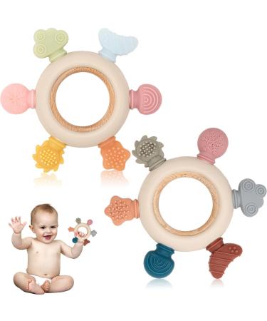 Teething Toys for Babies 2 Pack Teether for Baby Silicone Teething Ring for Sucking Needs BPA Free Baby Toys 0-3-6-12 Months Nursing Accessories Chew Toys for Teething Pain Relief Teeting Ring