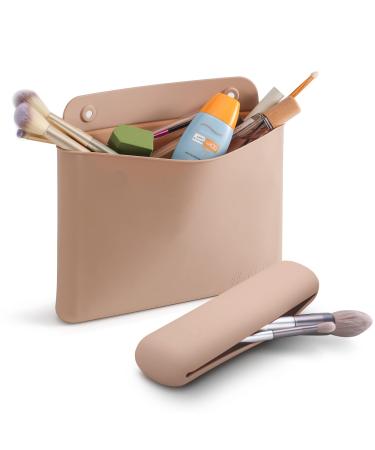 FERYES Makeup Bag & Travel Makeup Brush Holder Silicon Soft Portable Cosmetic Brushes Holder Toiletry Bag for Travel-Khaki