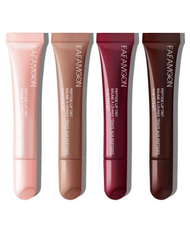 4 Colors Peptide Lip Tint Sheer Lip Gloss High Shine Nude Color Hydrating Finish Lip Glow Oil Tinted Lip Balm Shiny Jelly Liquid Lipstick Lip Tints Set for Dry Lips 01+02+03+04