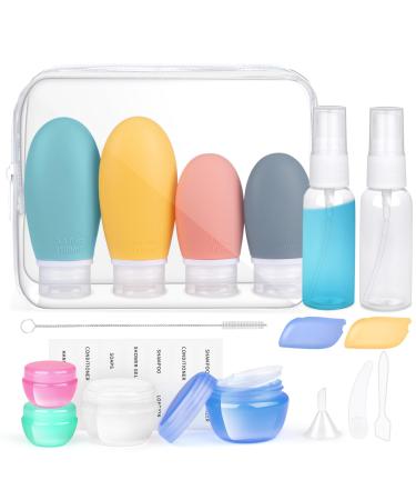 OPRET 18 pieces silicone travel bottles Set 30/60/100ml travel bottles for filling toilet items leakage-proof refillable TSA covered empty cosmetics rice set Reverse size containers bpa-free blue green pink yellow