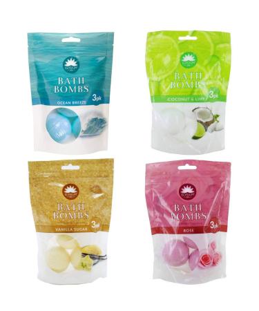 Elysium Spa Bath Bombs 4 Set with Natural Fragrance - Rose Vanilla Sugar Coconut & Lime and Ocean Breeze. 12 Relaxing and Indulging Bombs