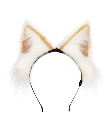 MIVAIUN Handmade Faux Fur Animal Ear Headband Furry Fox Wolf Cat Ears Headwear for Adults Children Artificial Animal Headband Cute Headwear Animal Dress up for Festival Party Cosplay Khaki White