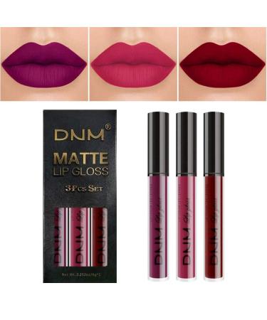 evpct DNM 3Pcs Red Matte Liquid Lipstick Sets for Black Women Lip Stain Matte Long Lasting Lipstick Waterproof Dark red Purple Rose pink Lipstick Lip Stick Gloss Packs labial mate larga duracion 24 0.21 Fl Oz (Pack of 3)...