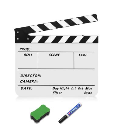 Flexzion Director Clapboard Film Movie Clapper Board Acrylic Plastic Dry Erase Stadio Camera TV Video Cut Action Scene Slate Board 10x12" with Black/White Sticks