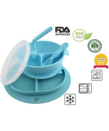 Yummy Baby Toddler Silicone Suction Divided Plate Bowl with Lid & Spoon/Straw - Blue Set | Non-Slip Feeding Dish - BPA Free - Buy Online on SooperMarket.com